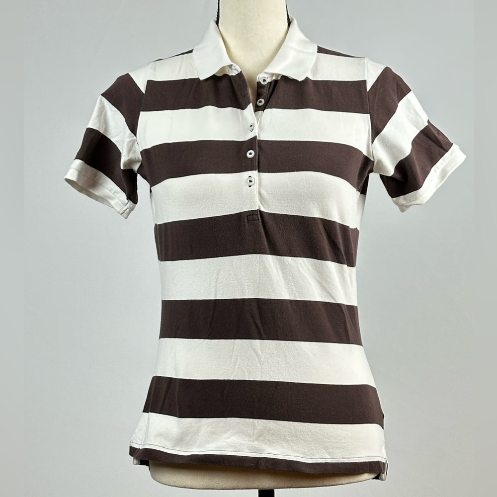 GANT vintage brown and white striped polo shirt - size small
